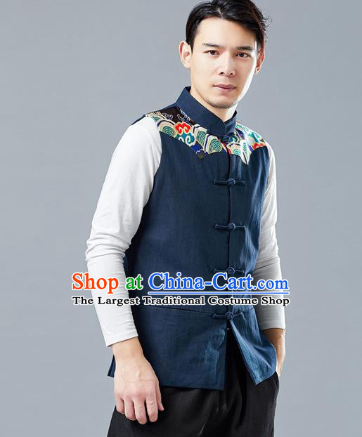 Chinese Tang Suit Printing Navy Vest Traditional Tai Chi Kung Fu Waistcoat Upper Outer Garment Costume for Men