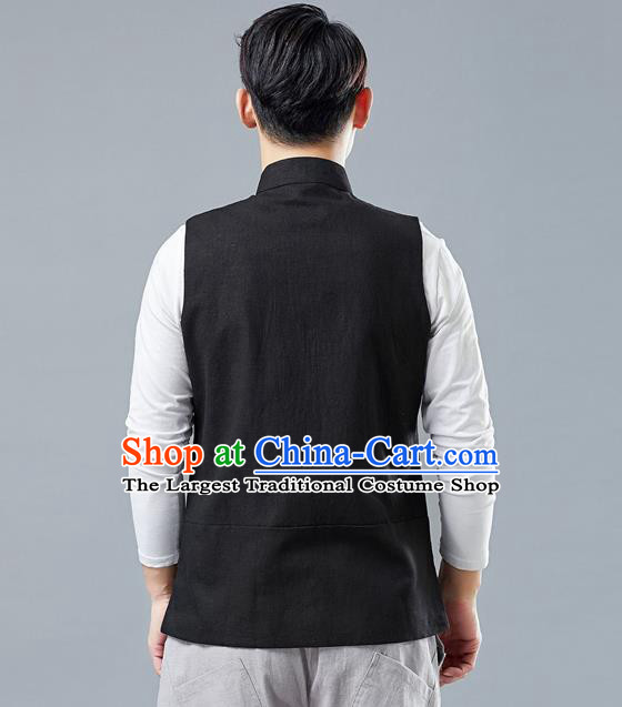 Chinese Tang Suit Printing Black Vest Traditional Tai Chi Kung Fu Waistcoat Upper Outer Garment Costume for Men