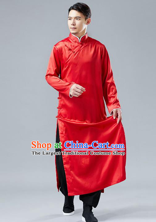 Top Chinese Tang Suit Red Silk Robe Traditional Republic of China Kung Fu Gown Costumes for Men