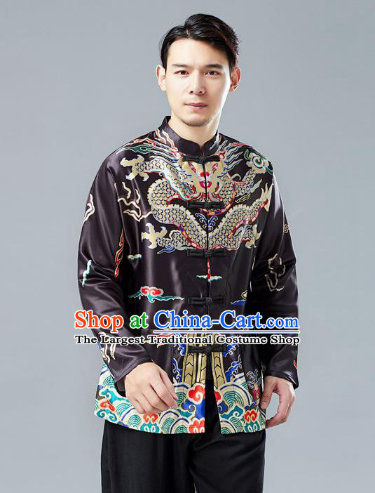 Top Chinese Tang Suit Printing Black Coat Traditional Tai Chi Kung Fu Overcoat Costume for Men