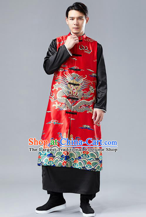 Chinese Tang Suit Printing Dragon Red Long Vest Traditional Tai Chi Kung Fu Overcoat Upper Outer Garment Costume for Men