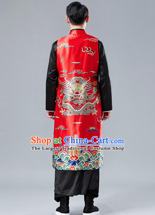 Chinese Tang Suit Printing Dragon Red Long Vest Traditional Tai Chi Kung Fu Overcoat Upper Outer Garment Costume for Men