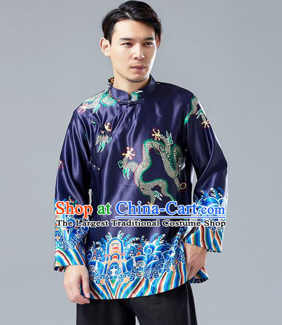 Top Chinese Tang Suit Printing Dragon Navy Jacket Traditional Tai Chi Kung Fu Overcoat Costume for Men