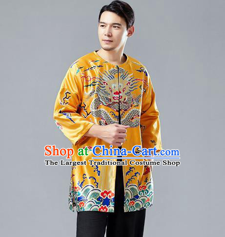 Top Chinese Tang Suit Printing Dragon Yellow Satin Cardigan Traditional Tai Chi Kung Fu Jacket Costume for Men