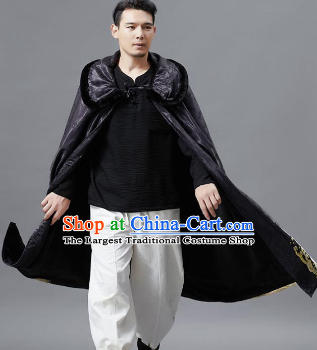 Top Chinese Tang Suit Printing Dragon Black Cloak Traditional Tai Chi Kung Fu Cape Costume for Men