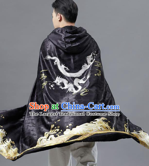 Top Chinese Tang Suit Printing Dragon Black Cloak Traditional Tai Chi Kung Fu Cape Costume for Men