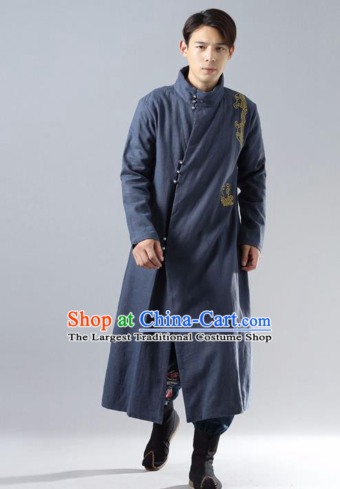 Top Chinese Tang Suit Embroidered Navy Dust Coat Traditional Tai Chi Kung Fu Overcoat Costume for Men