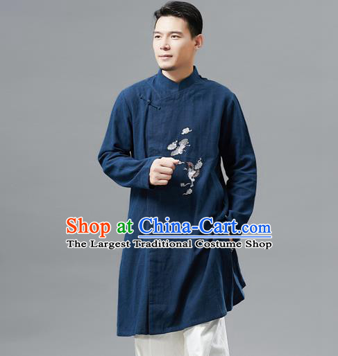 Top Chinese Tang Suit Embroidered Crane Navy Flax Jacket Traditional Tai Chi Kung Fu Overcoat Costume for Men