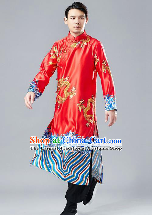 Top Chinese Tang Suit Printing Dragon Red Robe Traditional Republic of China Kung Fu Gown Costumes for Men