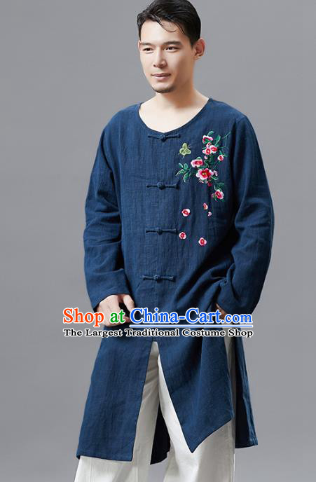 Top Chinese Tang Suit Embroidered Navy Flax Shirt Traditional Tai Chi Kung Fu Upper Outer Garment Costume for Men