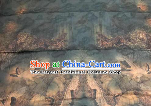 Chinese Traditional Crane Design Pattern Deep Green Silk Fabric Cheongsam Gambiered Guangdong Gauze Drapery