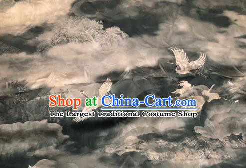 Chinese Traditional Cloud Crane Design Pattern Grey Silk Fabric Cheongsam Gambiered Guangdong Gauze Drapery