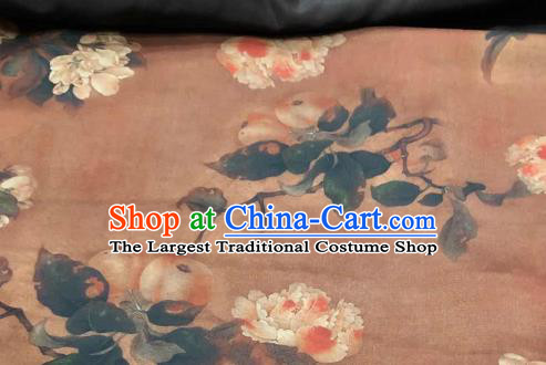 Chinese Traditional Peony Design Pattern Brown Silk Fabric Cheongsam Gambiered Guangdong Gauze Drapery
