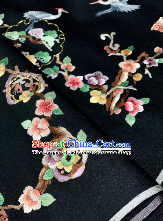 Chinese Classical Embroidered Crane Pattern Design Black Silk Fabric Asian Traditional Hanfu Brocade Material