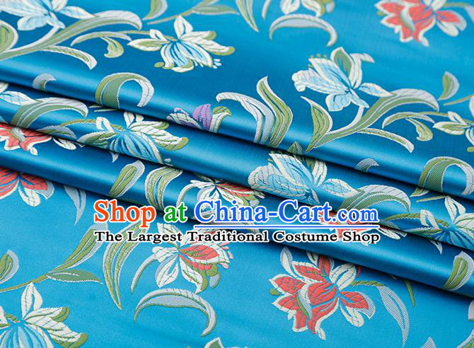 Chinese Traditional Daffodil Pattern Lake Blue Brocade Fabric Cheongsam Satin Tapestry Drapery