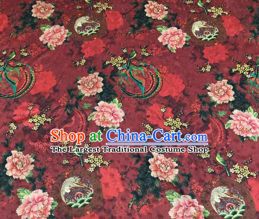 Chinese Traditional Phoenix Peony Design Pattern Dark Red Silk Fabric Cheongsam Gambiered Guangdong Gauze Drapery