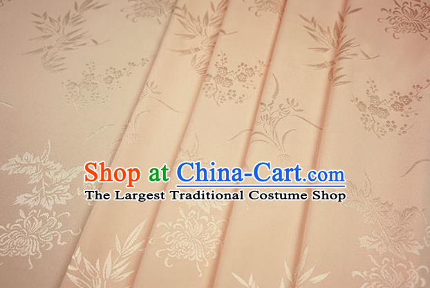 Chinese Traditional Plum Orchid Bamboo Chrysanthemum Pattern Design Apricot Brocade Fabric Hanfu Dress Satin Drapery