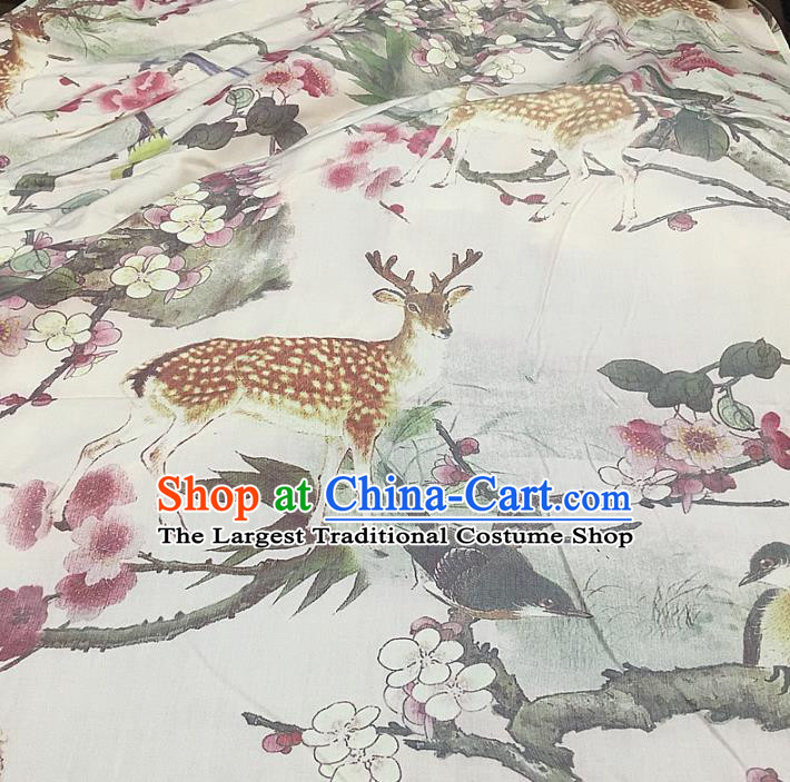 Chinese Traditional Plum Deer Design Pattern White Silk Fabric Cheongsam Mulberry Silk Drapery