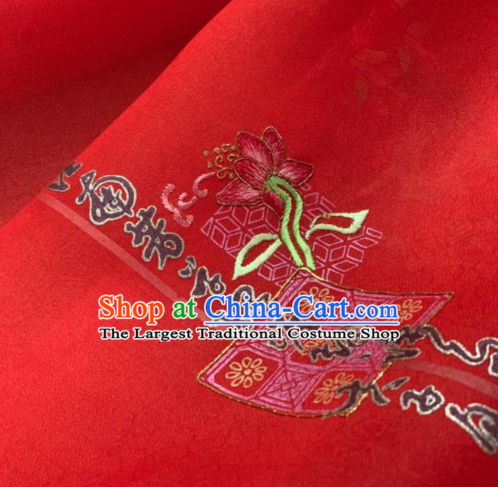 Chinese Classical Embroidered Lotus Pattern Design Red Silk Fabric Asian Traditional Hanfu Brocade Material