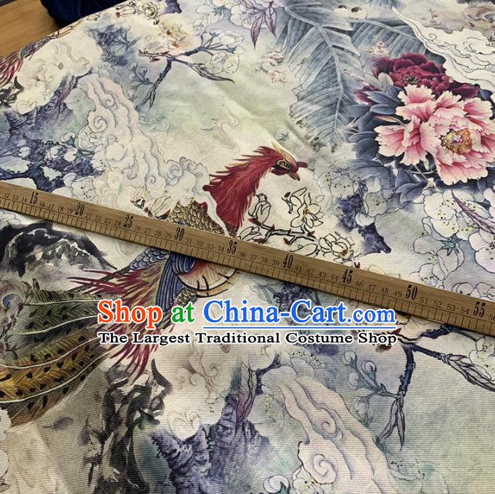 Chinese Traditional Mangnolia Phoenix Peony Design Pattern White Silk Fabric Cheongsam Mulberry Silk Drapery
