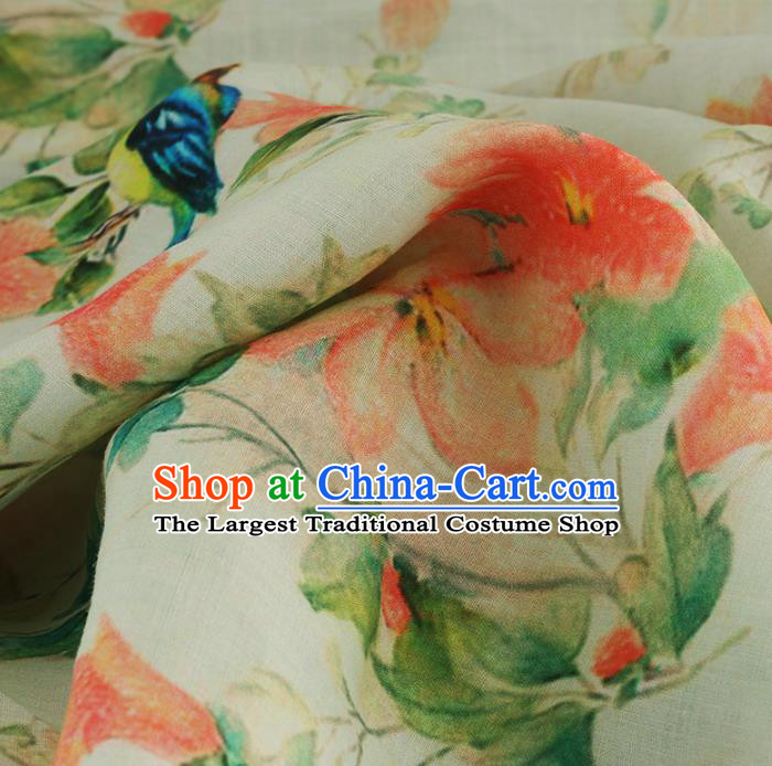 Chinese Traditional Azalea Design Pattern Beige Ramie Fabric Cheongsam Ramee Drapery
