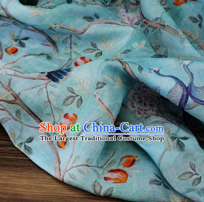 Chinese Traditional Peacock Peony Design Pattern Blue Ramie Fabric Cheongsam Ramee Drapery