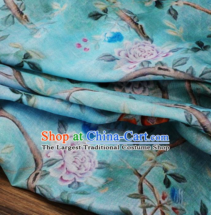 Chinese Traditional Peacock Peony Design Pattern Blue Ramie Fabric Cheongsam Ramee Drapery