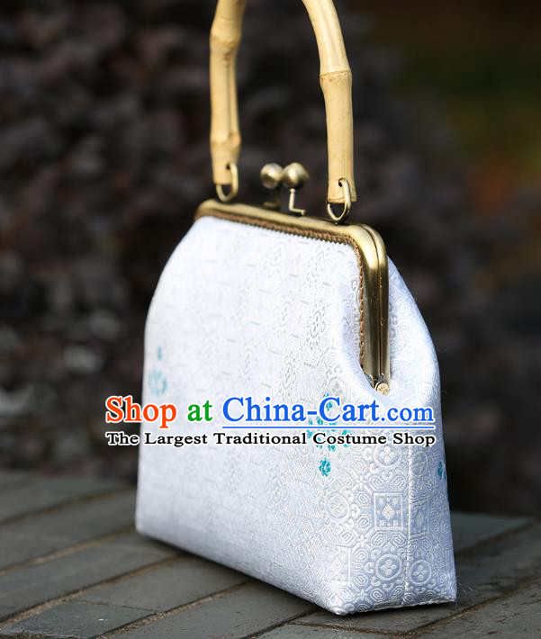 Chinese Traditional Pattern White Brocade Bamboo Handle Bag Handmade Cheongsam Handbag for Women
