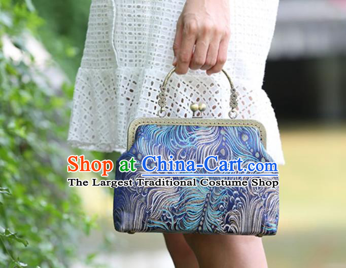 Chinese Traditional Feather Pattern Blue Brocade Bag Handmade Cheongsam Handbag for Women