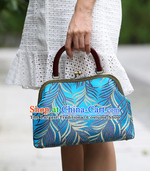 Chinese Traditional Feather Pattern Blue Brocade Bag Handmade Cheongsam Silk Handbag for Women