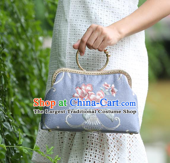 Chinese Traditional Embroidered Flowers Pattern Blue Bag Handmade Cheongsam Handbag for Women