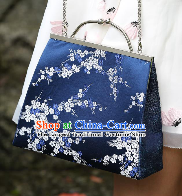 Chinese Traditional Plum Blossom Pattern Royalblue Brocade Bag Handmade Cheongsam Silk Handbag for Women