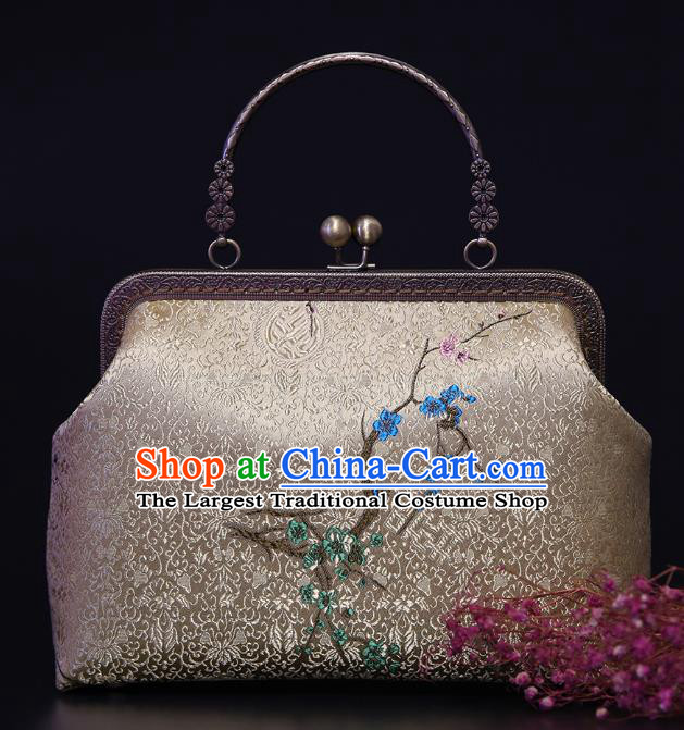 Chinese Traditional Plum Blossom Pattern Golden Brocade Bag Handmade Cheongsam Silk Handbag for Women