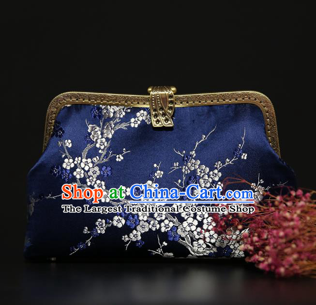 Chinese Traditional Plum Blossom Pattern Deep Blue Brocade Bag Handmade Cheongsam Silk Handbag for Women