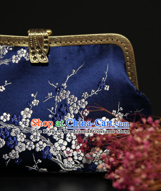Chinese Traditional Plum Blossom Pattern Deep Blue Brocade Bag Handmade Cheongsam Silk Handbag for Women