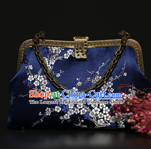 Chinese Traditional Plum Blossom Pattern Deep Blue Brocade Bag Handmade Cheongsam Silk Handbag for Women