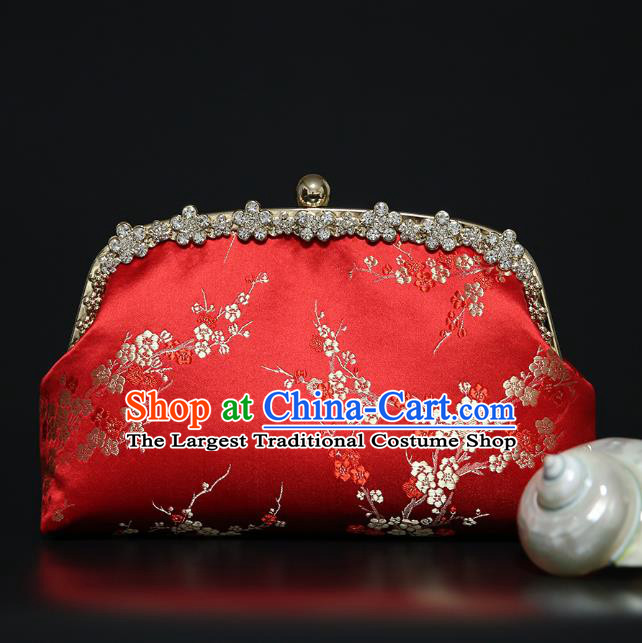 Chinese Traditional Plum Pattern Red Brocade Bag Handmade Cheongsam Silk Handbag for Women