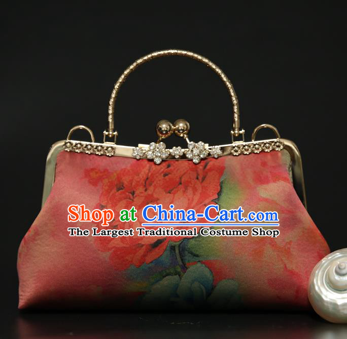 Chinese Traditional Peony Pattern Pink Brocade Bag Handmade Cheongsam Silk Handbag for Women