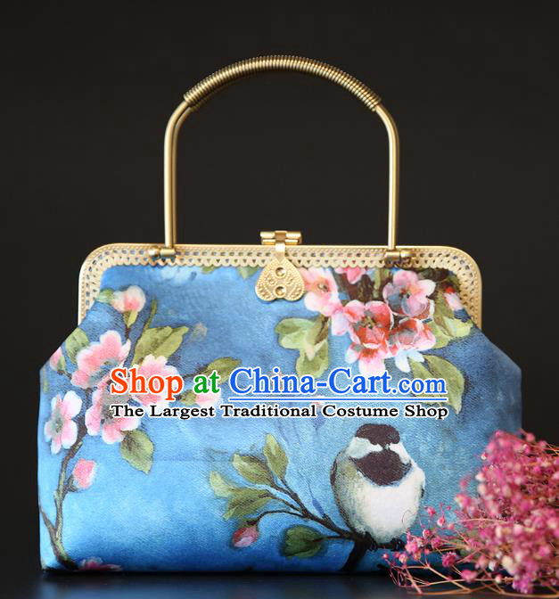 Chinese Traditional Flower Bird Pattern Blue Brocade Bag Handmade Cheongsam Silk Handbag for Women