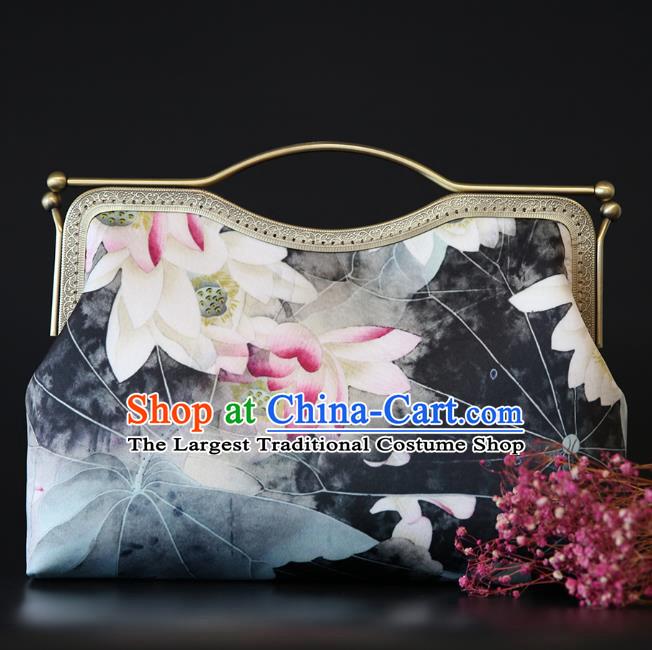 Chinese Traditional Lotus Pattern Grey Brocade Bag Handmade Cheongsam Silk Handbag for Women