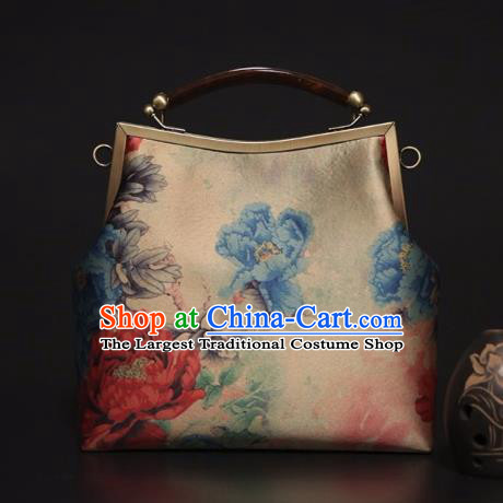Chinese Traditional Peony Pattern Beige Brocade Bag Handmade Cheongsam Silk Handbag for Women