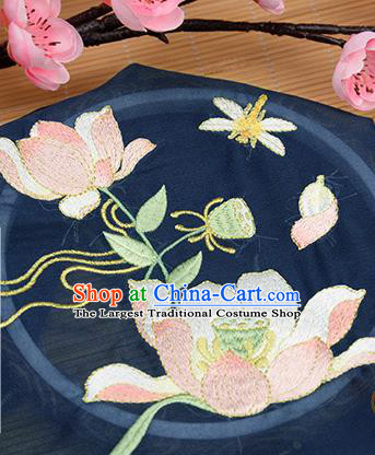 Chinese Traditional Embroidered Lotus Navy Chiffon Applique Accessories Embroidery Patch