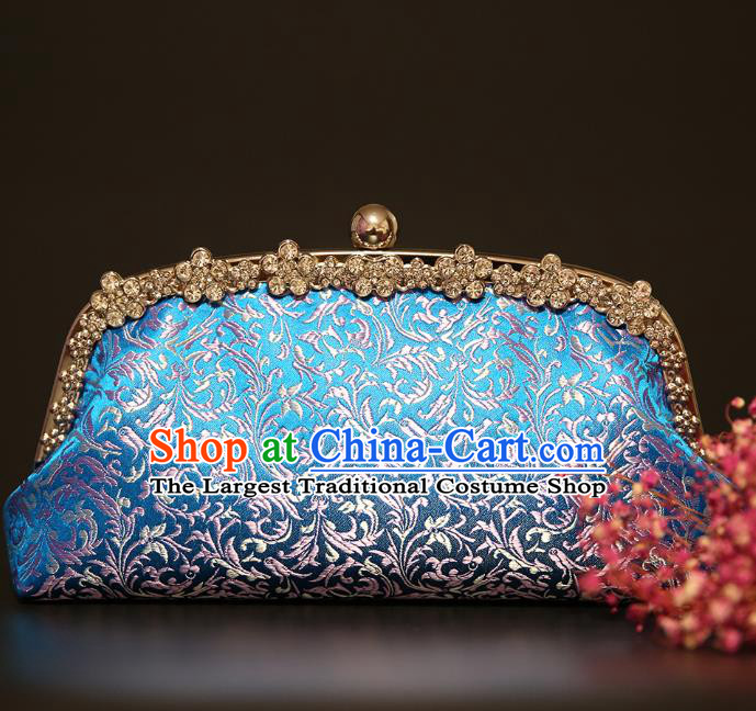 Chinese Traditional Wheat Floret Pattern Blue Brocade Bag Handmade Cheongsam Silk Handbag for Women