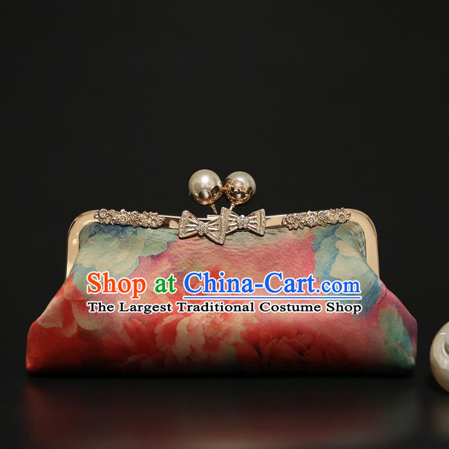 Chinese Traditional Peony Pattern Pink Brocade Bag Handmade Cheongsam Silk Handbag for Women