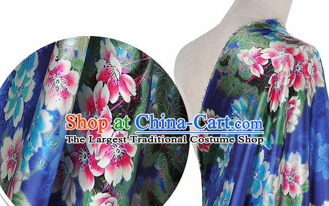 Chinese Classical Peach Blossom Pattern Design Royalblue Silk Fabric Asian Traditional Hanfu Mulberry Silk Material