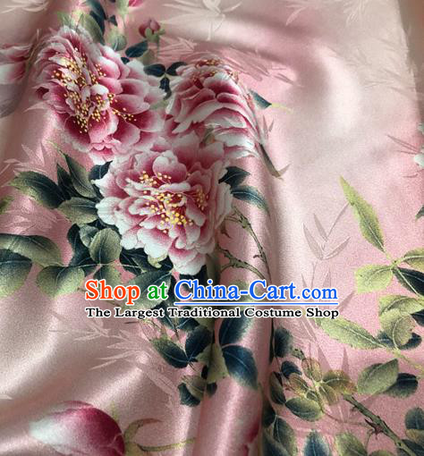 Chinese Classical Bamboo Peony Pattern Design Pink Silk Fabric Asian Traditional Hanfu Mulberry Silk Material