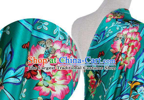 Chinese Classical Twine Peony Pattern Design Green Silk Fabric Asian Traditional Hanfu Mulberry Silk Material