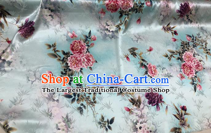 Chinese Classical Bamboo Peony Pattern Design Light Green Silk Fabric Asian Traditional Hanfu Mulberry Silk Material