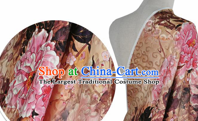 Chinese Classical Peony Pattern Design Light Brown Silk Fabric Asian Traditional Hanfu Mulberry Silk Material