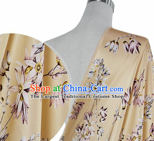 Chinese Classical Flowers Pattern Design Light Yellow Silk Fabric Asian Traditional Hanfu Mulberry Silk Material